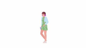 Animated girl holding printed photo. Young female photography enthusiast. Flat character animation on white background with alpha channel transparency. Color cartoon style 4K video footage