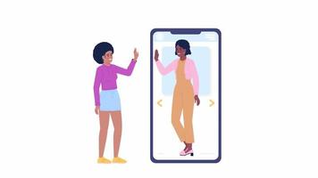 animiert online Dating App. Treffen virtuell Freunde. online Publikum Engagement. 2d Karikatur eben Zeichen 4k Video Aufnahmen auf Weiß mit Alpha Kanal Transparenz. Konzept Animation zum Netz Design