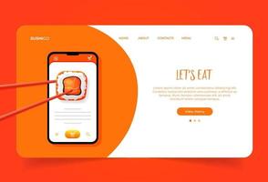 Landing page with sushi and wooden chopsticks in smartphone. Asian food. Homepage with phone prototype app with sushi vector