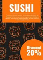 Sushi flyer with 20 percent discount with pattern with rolls. Rolls with salmon and nori vector