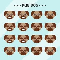 Collection of pug dog facial expressions in flat design style vector