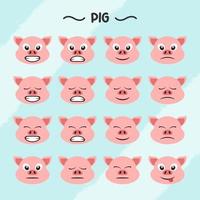 Collection of pig facial expressions in flat design style vector