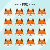 Collection of fox facial expressions in flat design style vector