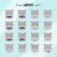 Collection of hippo facial expressions in flat design style vector