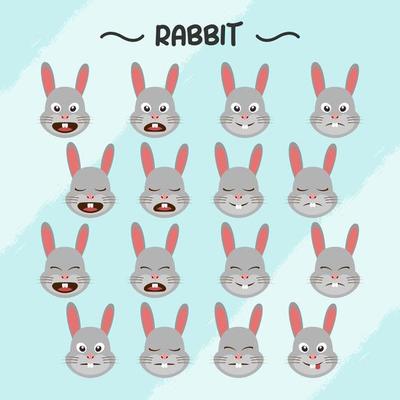 Collection of rabbit facial expressions in flat design style