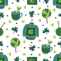 St. Patrick's Day seamless vector pattern. Irish holiday symbols - knitted sweater with clover leaf, green sweets, gifts, shamrock for good luck. Flat cartoon background for posters, cards, wallpaper