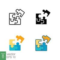 Puzzle jigsaw icon in different style. Line, solid, flat, filled outline. Join teamwork, challenge, combination, problem solving, solution. Vector illustration isolated on white background. EPS 10.