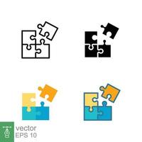 Puzzle jigsaw icon in different style. Line, solid, flat, filled outline. Join teamwork, challenge, combination, problem solving, solution. Vector illustration isolated on white background. EPS 10.