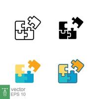 Puzzle jigsaw icon in different style. Line, solid, flat, filled outline. Join teamwork, challenge, combination, problem solving, solution. Vector illustration isolated on white background. EPS 10.