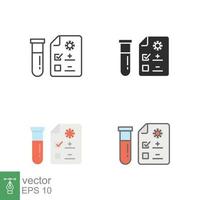 Covid test icons in different style. Positive corona virus result, negative, rapid, plasma, research, medical concept. Designed in filled outline, line, flat, glyph and solid style. EPS 10. vector