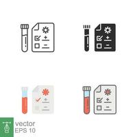 Covid test icons in different style. Positive corona virus result, negative, rapid, plasma, research, medical concept. Designed in filled outline, line, flat, glyph and solid style. EPS 10. vector