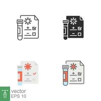 Covid test icons in different style. Positive corona virus result, negative, rapid, plasma, research, medical concept. Designed in filled outline, line, flat, glyph and solid style. EPS 10. vector