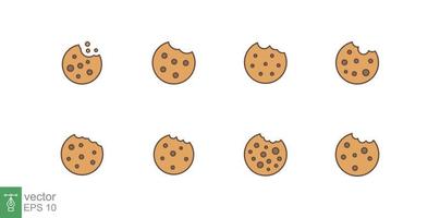 Set of cookies with chocolate crisps bitten icon. Simple cartoon flat style. Cookie crumbs, browser concept. Filled outline symbol. Vector illustration isolated on white background. EPS 10.