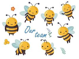 Cute cartoon bees character set symbol of teamwork and friendship. vector