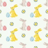 Seamless repeated surface vector pattern design with cute little white bunnies and Easter eggs in handdrawn style. Wrapping paper, greeting cards, textile design.