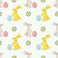 Seamless repeated surface vector pattern design with cute little white bunnies and Easter eggs in handdrawn style. Wrapping paper, greeting cards, textile design.