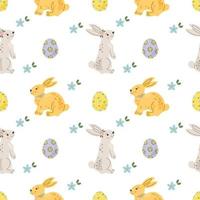 Seamless repeated surface vector pattern design with cute little white bunnies and Easter eggs in handdrawn style. Wrapping paper, greeting cards, textile design.