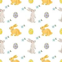 Seamless repeated surface vector pattern design with cute little white bunnies and Easter eggs in handdrawn style. Wrapping paper, greeting cards, textile design.