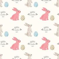 Seamless repeated surface vector pattern design with cute little white bunnies and Easter eggs in hand drawn style. Wrapping paper, greeting cards, textile design.