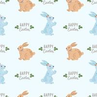 A cute seamless pattern with rabbits in handdrawn style on light blue background. Easter spring design with bunnies. Pattern for gift wrapping paper, textile, greeting cards. Happy Easter collection. vector