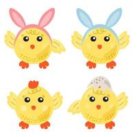 Cute cartoon chicken set. Funny yellow chickens with Bunny Hears in different poses, vector illustration. Cartoon Easter chicks. Cute baby farm birds with yellow feathers.