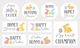 Easter badges and labels vector design elements set with cute bunnies and eggs. Lettering Happy Easter, Eggs hunt, Happy Easter.