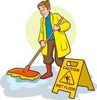 Cleaning staff character with equipment. Cartoon vector illustration.