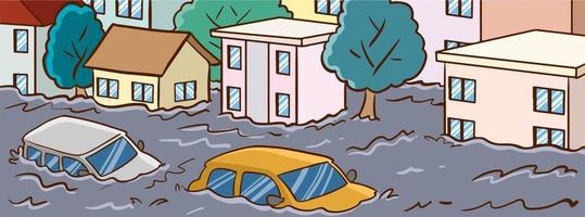 Flood in town, river water stream flow at city street with cottage houses. Natural disaster with rain and storm at countryside area with flooded buildings, climate change. Cartoon vector illustration