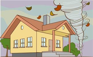 Natural disaster with hurricane, power twisted storm, whirlwind, buildings damage. Cyclone zone Cartoon vector illustration