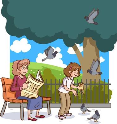 children feeding pigeons  cartoon vector