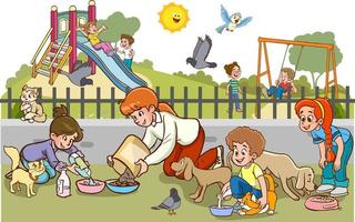 children feeding stray animals cartoon vector