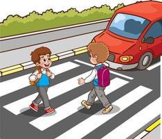 student children crossing pedestrian crossing going to school vector