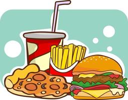 rápido comida comida conjunto con clásico americano queso hamburguesa con, frito francés papas fritas y suave bebida taza. vector ilustración aislado en blanco antecedentes