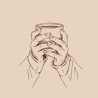 Realistic drawing of beautiful hands holding a mug with a hot beverage. Vector illustration isolated.