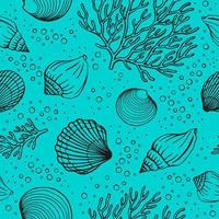 Seamless pattern with seashells, corals. Marine background. Vector illustration in sketch style.