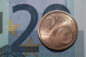 Euro currency 2 cent on 20 note photo