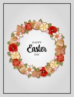 easter card with gingerbread cookies. easter background with flowers and eggs vector