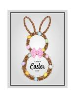 easter greeting card with rabbit shaped wreath. easter garlad with branches, eggs and flowers vector