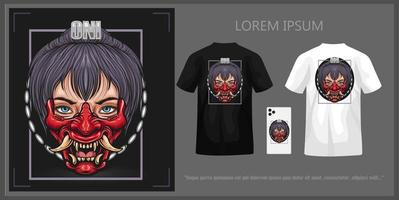 T-shirt design of a female head wearing an oni mask, complete with mockup. vector