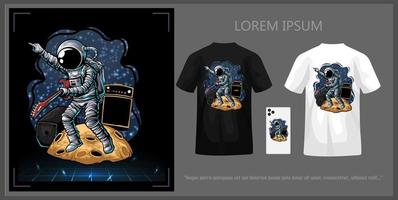 Astronaut illustration t-shirt design playing guitar with sound and amplifier background in outer space complete with mock up. vector
