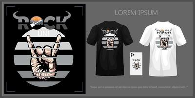 Metal hand illustration t-shirt design complete with mockup. vector