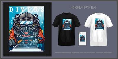 T-shirt design of a diver using a laptop in the water, complete with mockup. vector