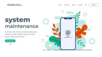 System update process on smartphone screen, System maintenance, update process, install software, operating system, flat vector illustration landing page