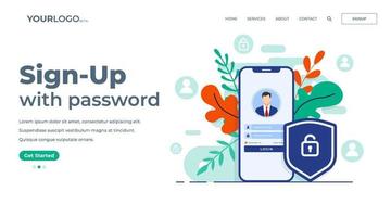 Online registration or sign up user interface screen on smartphone. Secure login, password protection concept for landing page, UI, mobile app vector