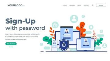 Online registration or sign up user interface screen on laptop, desktop computer, smartphone. Secure login, password protection concept for landing page, UI, mobile app vector