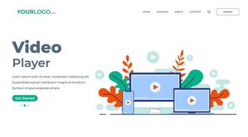 vídeo jugador pantalla en escritorio computadora, computadora portátil, teléfono inteligente plano ilustración para aterrizaje página, ui, móvil aplicación, educación, o e-learning y vídeo tutorial vector