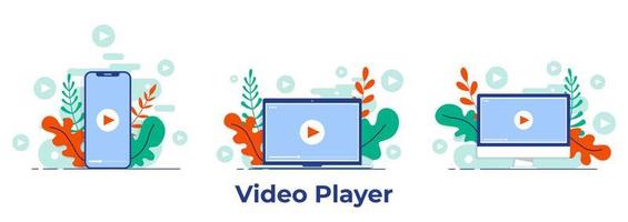 Video player screen on desktop computer, laptop, smartphone flat illustration for landing page, UI, mobile app, Education, or e-learning and video tutorial vector