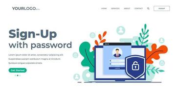 Online registration or sign up user interface screen on laptop. Secure login, password protection concept for landing page, UI, mobile app vector