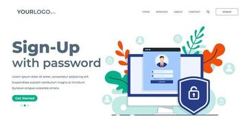 Online registration or sign up user interface screen on desktop computer. Secure login, password protection concept for landing page, UI, mobile app vector