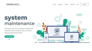 Desktop computer, laptop, smartphone with update screen, System maintenance, update process, install software, operating system, flat vector illustration landing page